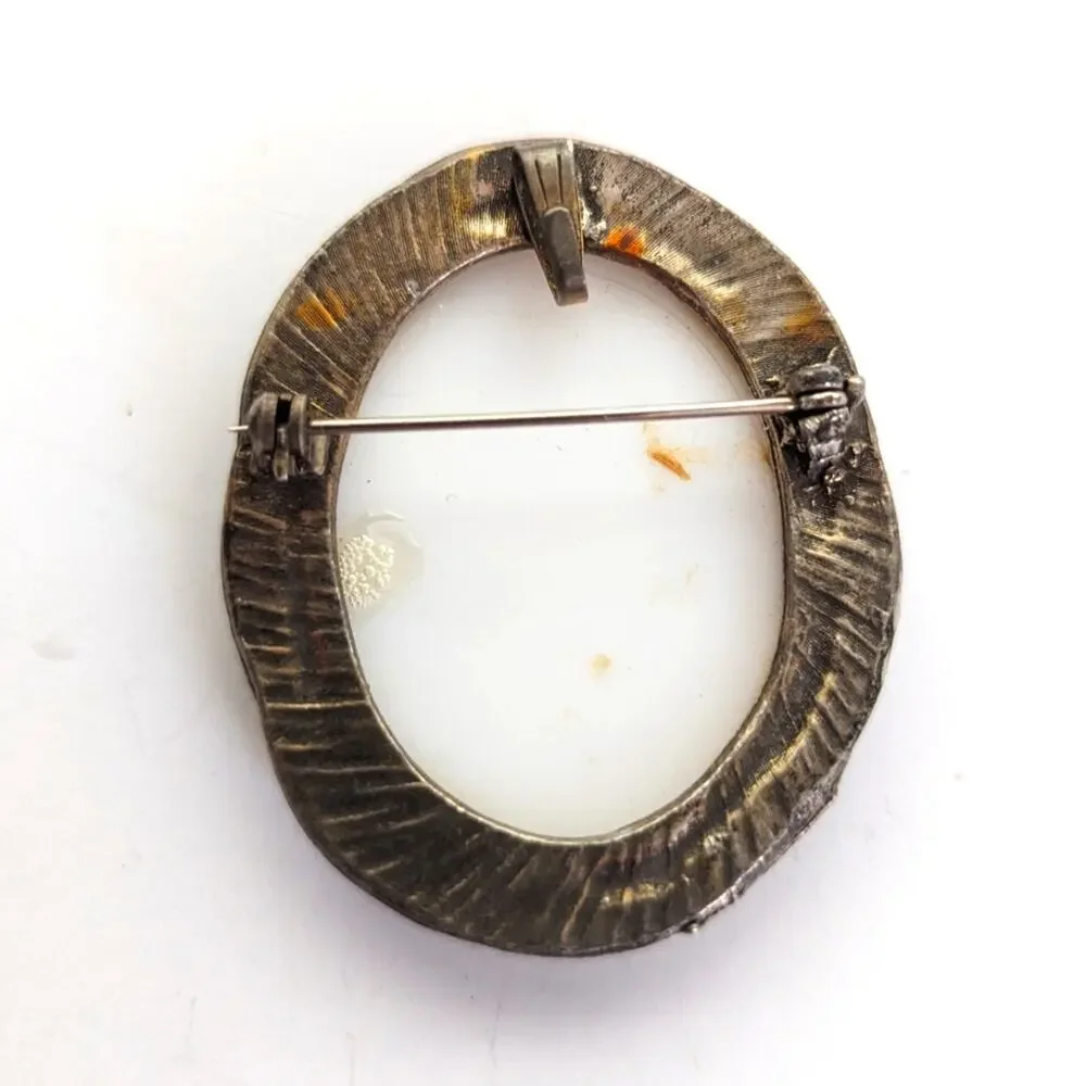 Vintage Estate Silver Tone French Courting Couple Ceramic Print Pendant Brooch